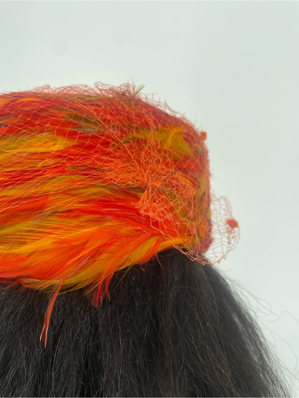 60s Mid Century Red Orange Feathered Pillbox Hat w Netting Union Made Wool Base - Picture 6 of 13